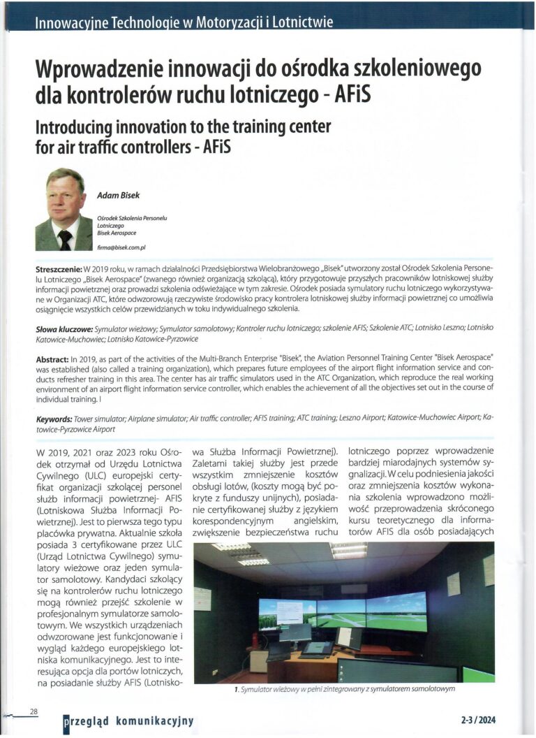 Innowacyjne Technologie – publikacja artykułu w Przeglądzie Komunikacyjnym „Wprowadzenie innowacji do ośrodka szkoleniowego dla kontrolerów ruchu lotniczego”
